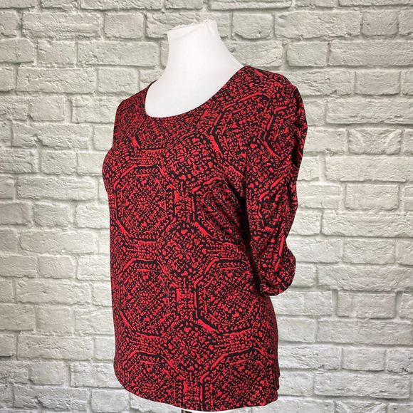 Alfani Red & Black Ruched Sleeve Stretch Top - Picture 3 of 5